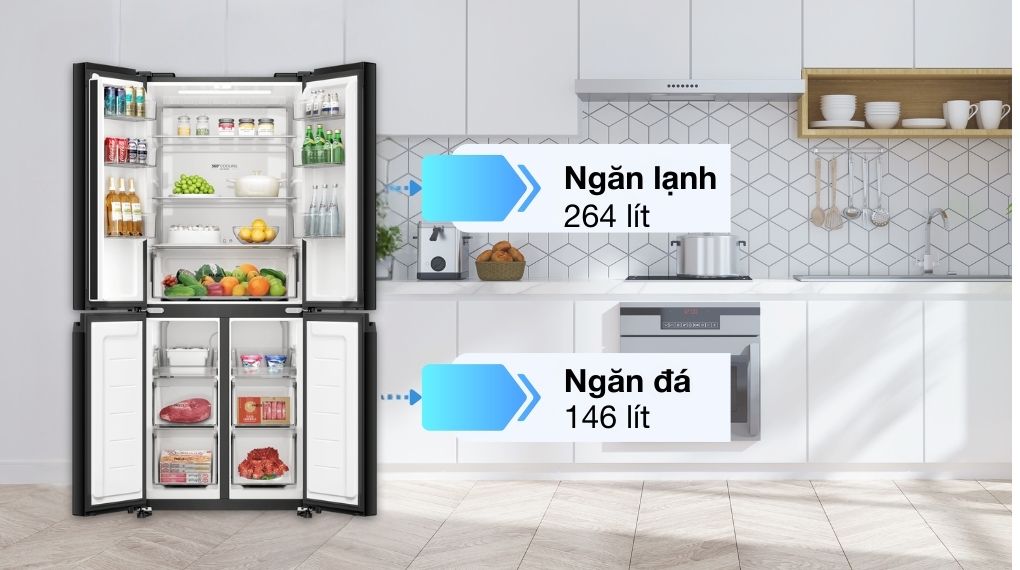 Tủ lạnh 4 cánh Aqua AQR-M466XA(GB) có dung tích sử dụng 410 lít