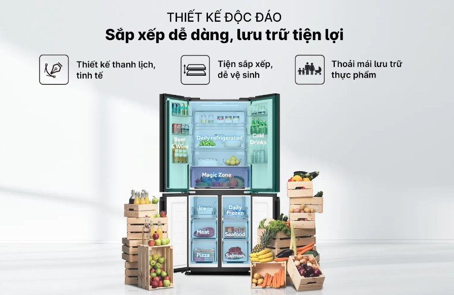 Tủ lạnh 4 cánh Aqua AQR-M466XA(GB) chia thành các ngăn giúp sắp xếp thực phẩm khoa học
