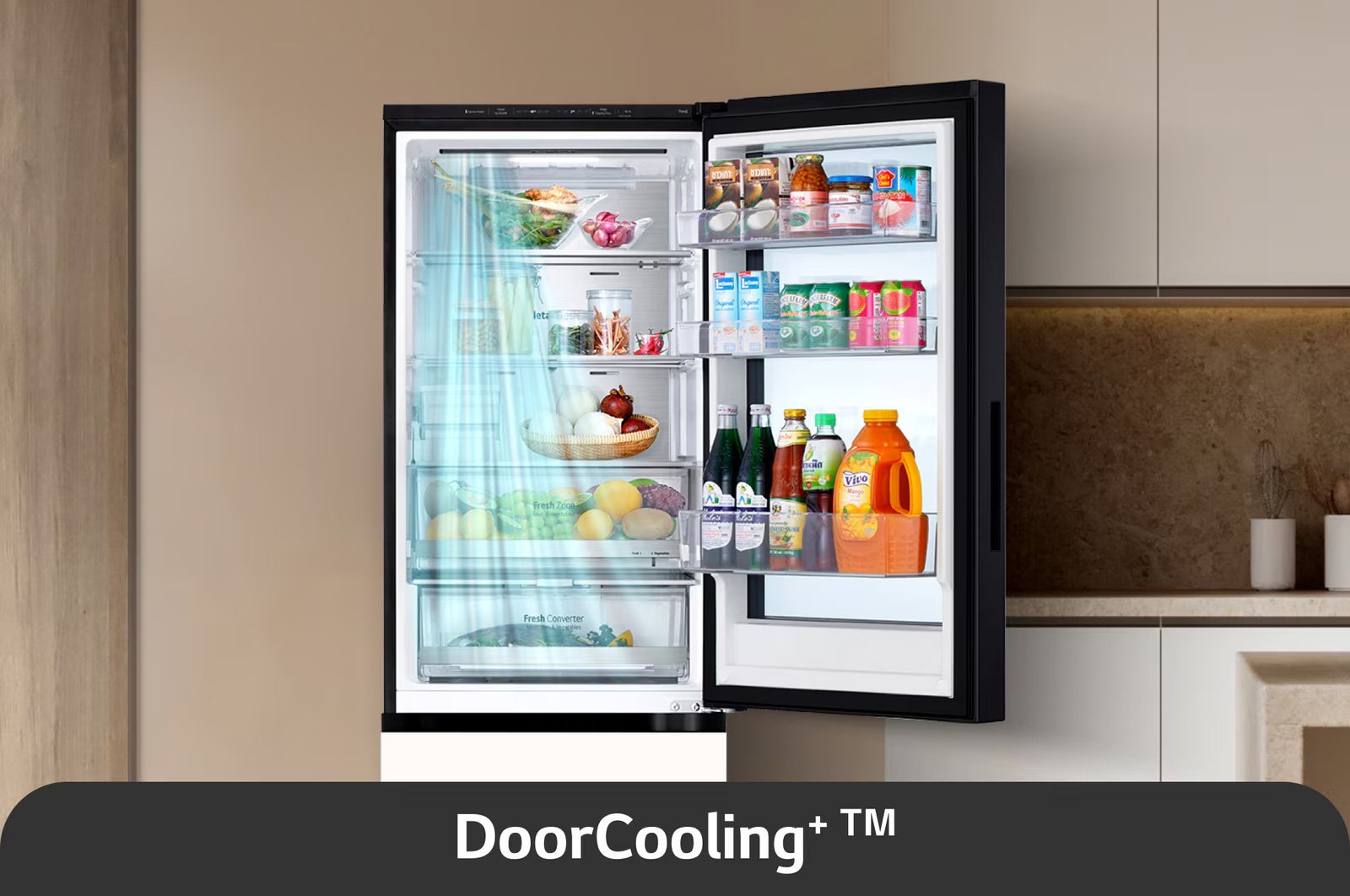 Tủ lạnh LG Inverter 340 lít InstaView LBB33BGMAI còn được trang bị công nghệ DoorCooling+ 